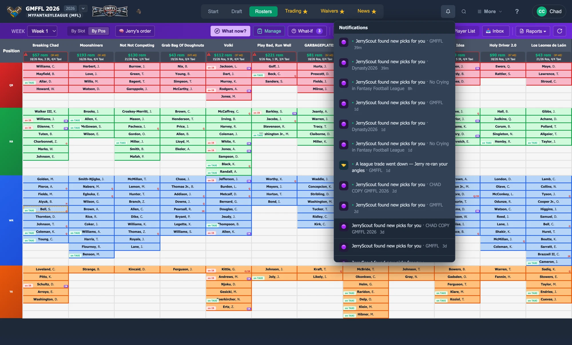 Notification bell feed spanning multiple leagues