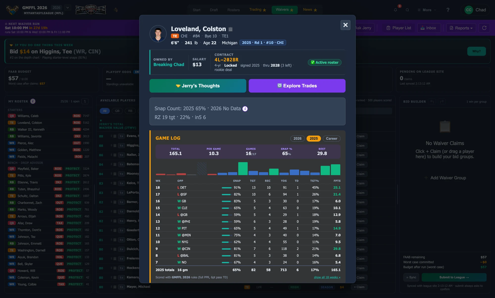 Player card game log with snaps, targets and byes