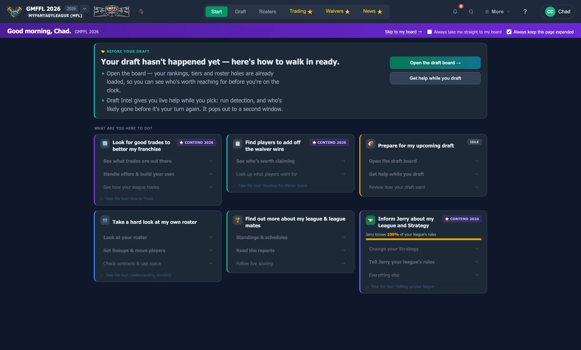 JerryGM Start page — six goal cards answering "what are you here to do?"