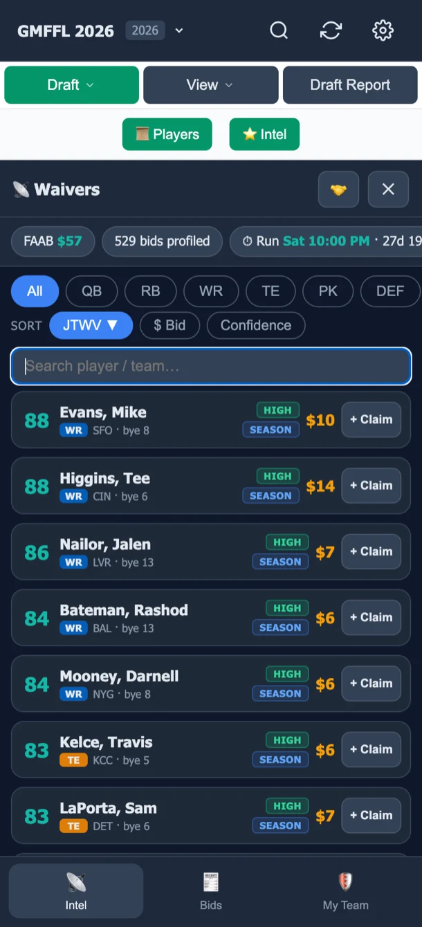 Waivers board on mobile with suggested bids